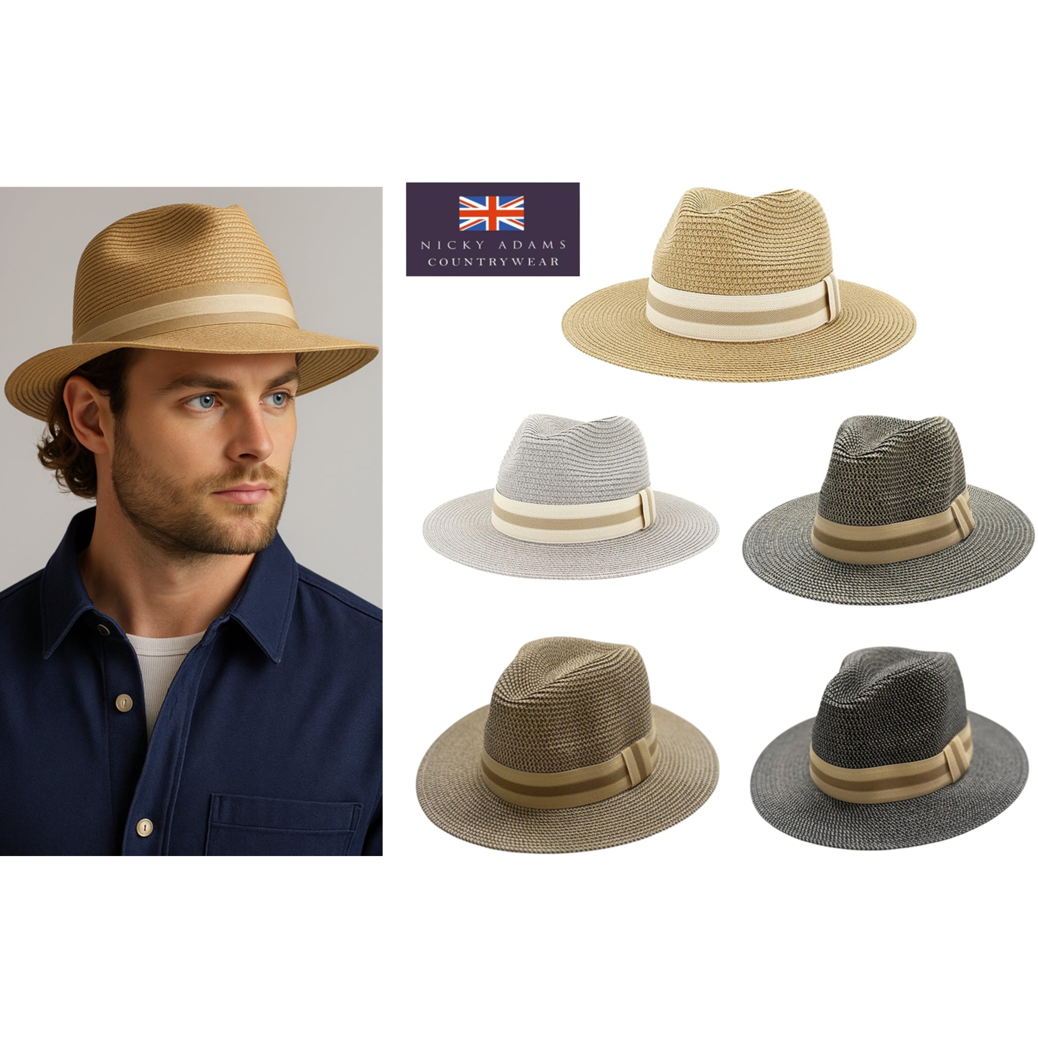 Nicky Adams men's Panama-style summer hat in multiple colors, including beige, grey, natural, and black, featuring a wide brim and contrasting band – stylish breathable headwear for warm weather and countrywear fashion.